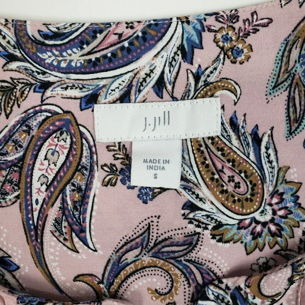 J Jill Relaxed Long Sleeve Piped Paisley Print Top Pink Boho Popover Size Small - Picture 3 of 7